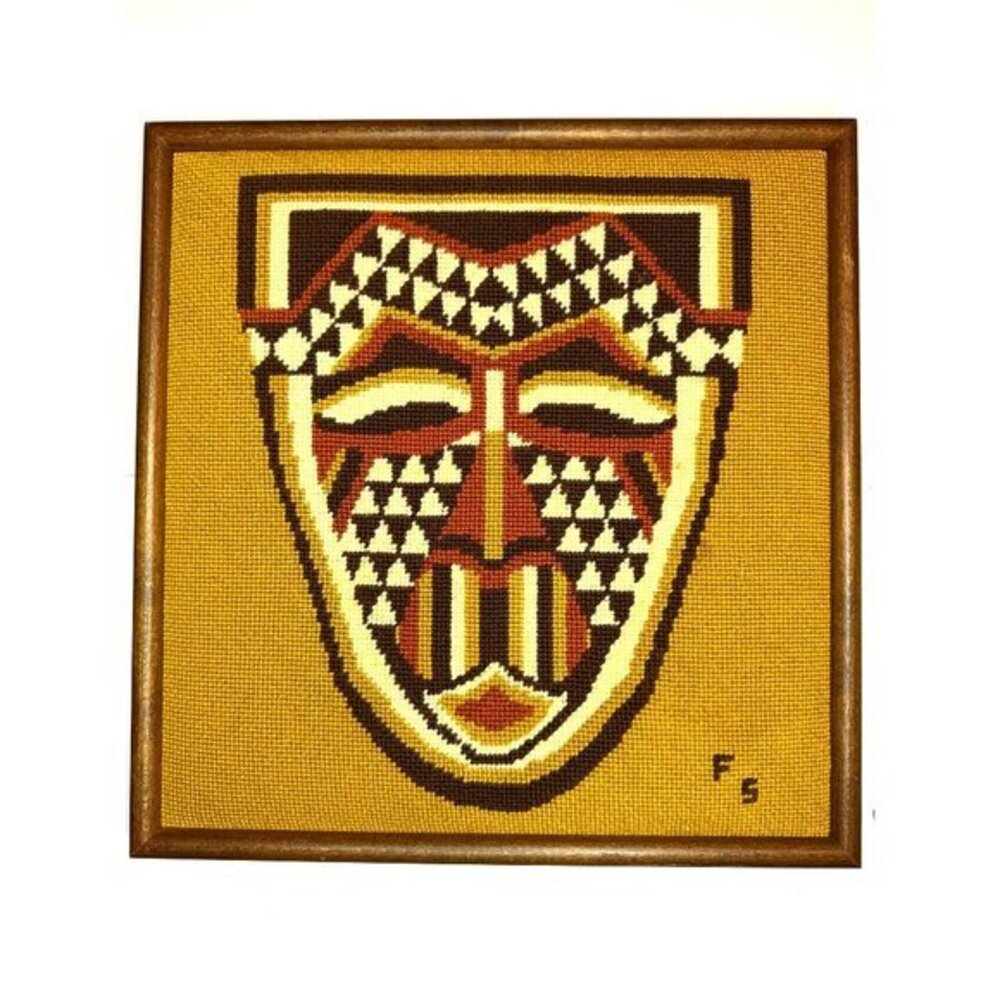 Handcrafted Vintage Tribal Mask Needlepoint Wall Art In Wooden Frame